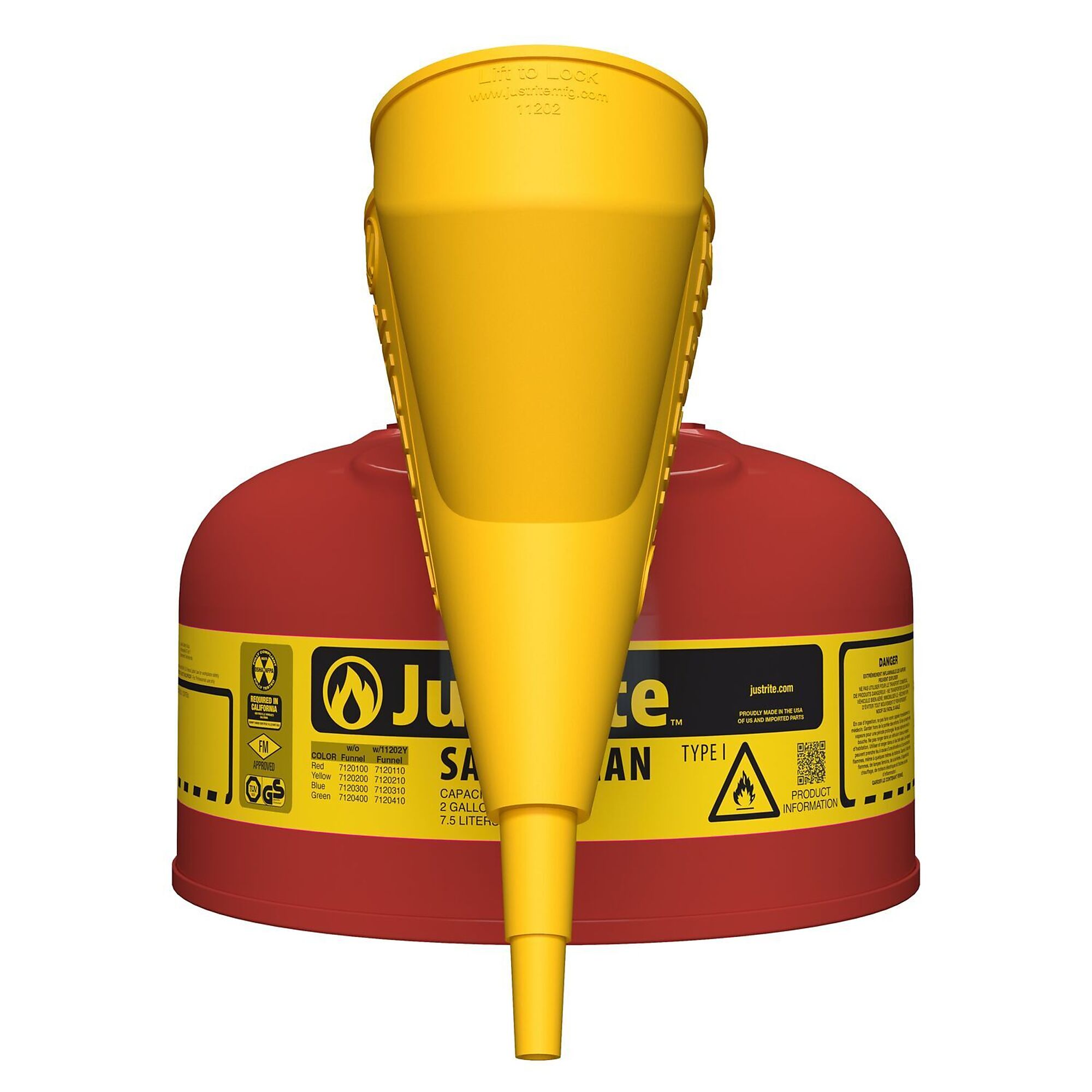 Type I Steel Safety Can for flammables, Funnel 11202Y, 2 gallon, S/S flame arrester, s/c lid, Red.